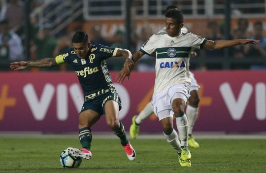 O jogador Dudu, da SE Palmeiras, disputa bola com o jogador Dodô, do Coritba FC, durante partida válida pela vigésima quarta rodada, do Campeonato Brasileiro, Série A, no Estádio do Pacaembu. Foto: Divulgação/Palmeiras