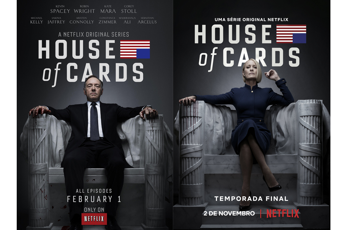Pôster da última temporada (a direita) faz referência ao primeiro pôster (a esquerda) da série "House of Cards". Imagens: Divulgação/Netflix