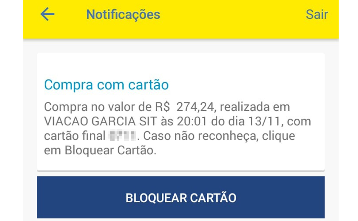 Em um dos casos, tentativa de golpe foi identificada por meio de uma mensagem do aplicativo do banco. Foto: Reprodução