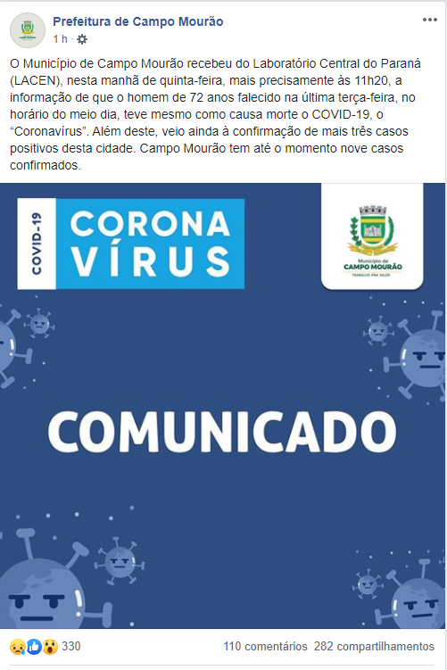 Post da Prefeitura de Campo Mourão (PR) confirmando morte por Covid-19