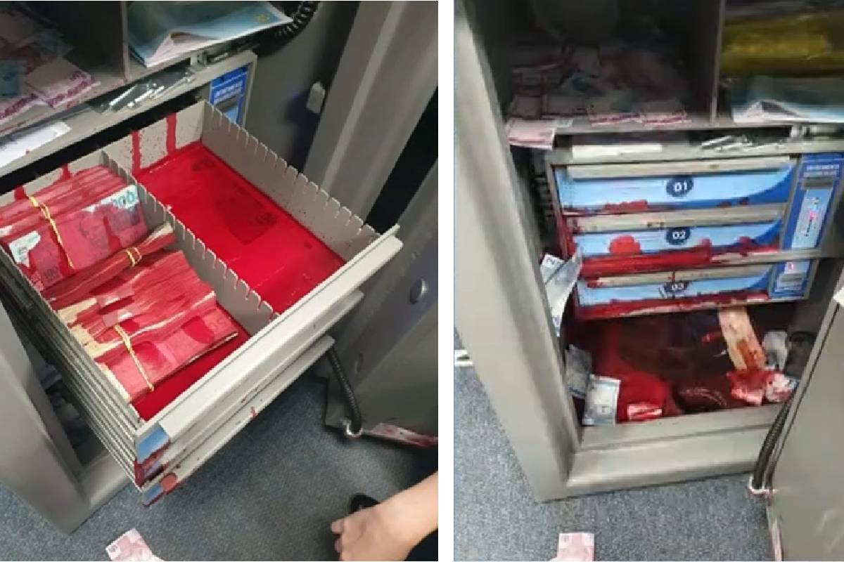 Sistema de segurança do banco manchou todas as notas de vermelho.