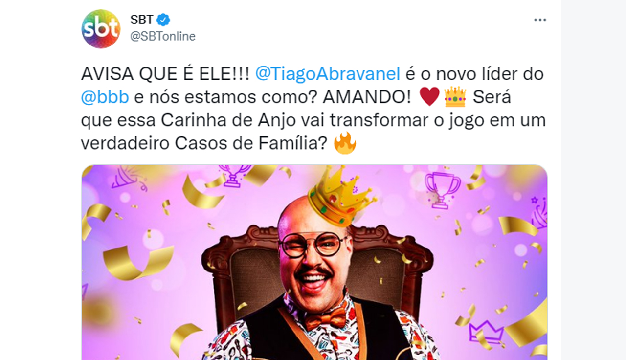 SBT comemora vitória de Tiago Abravanel na Prova do Líder do BBB22
