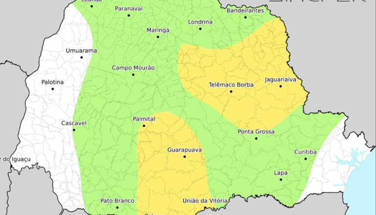 Mapa mostra a ocorrência de geada no Paraná nas próximas 24 horas. 