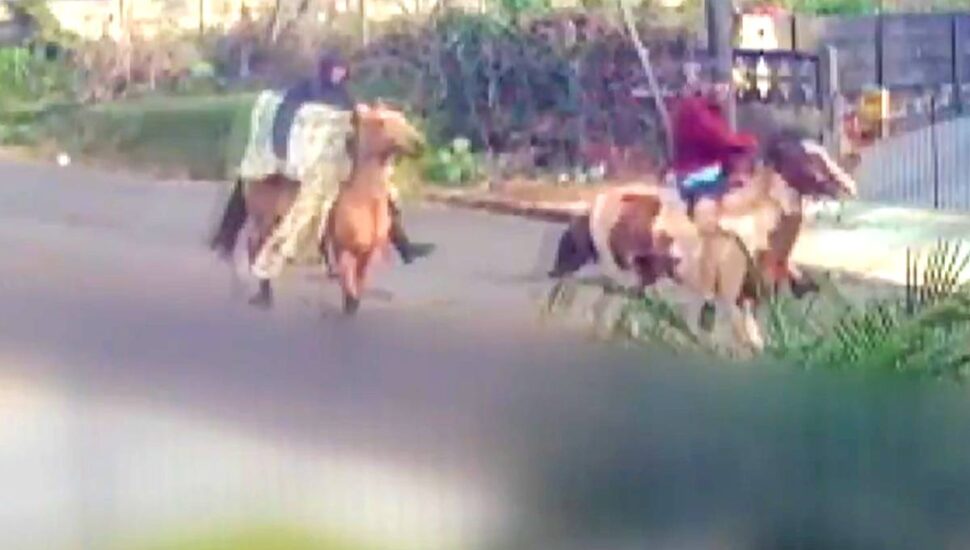 Suspeito do lado esquerdo da imagem cavalgava com uma televisão fruto de roubo debaixo do braço.