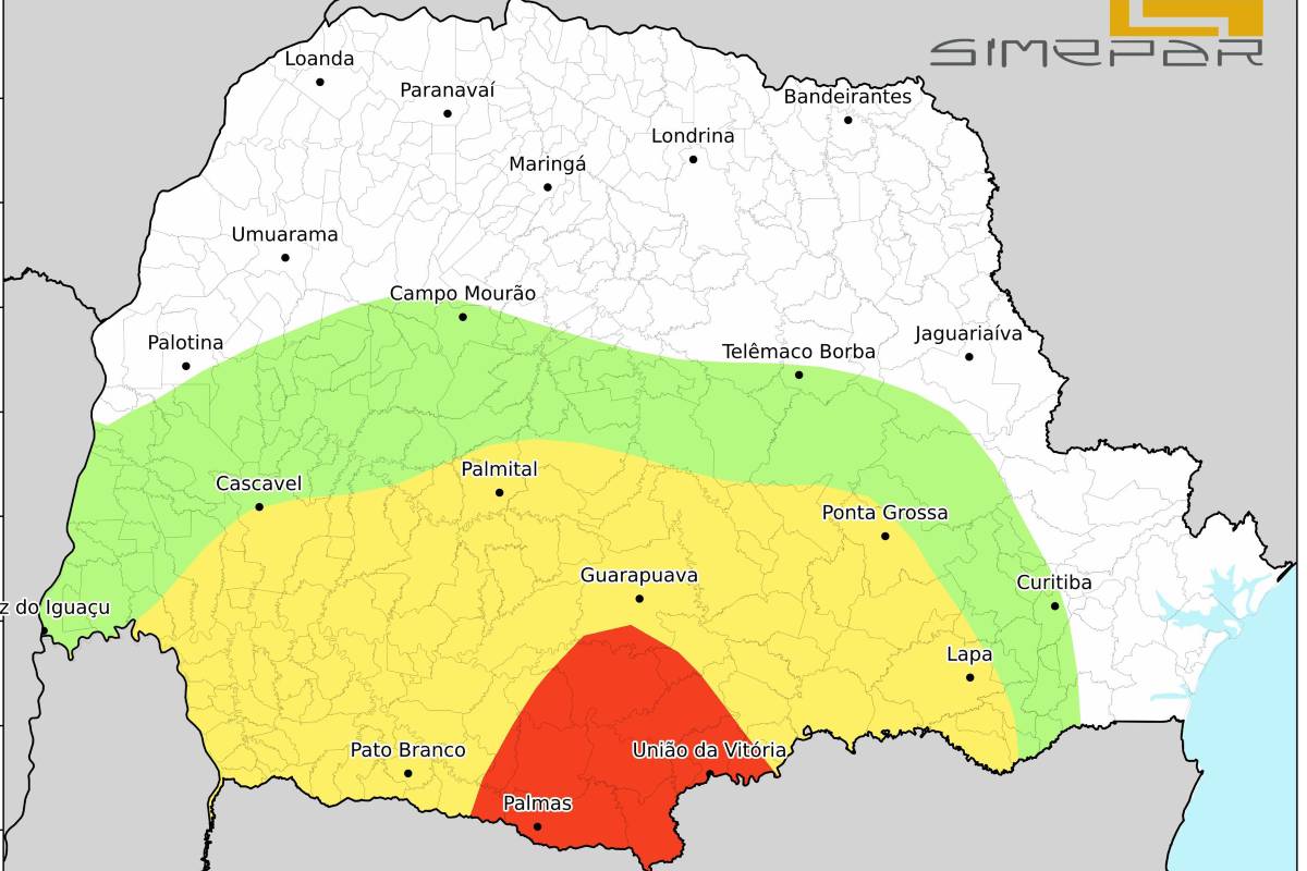 Mapa da geada do Simepar mostra risco do fenômeno ocorrer de forma fraca ( em verde) em Curitiba. Sul pode ter geada forte (em vermelho). 
