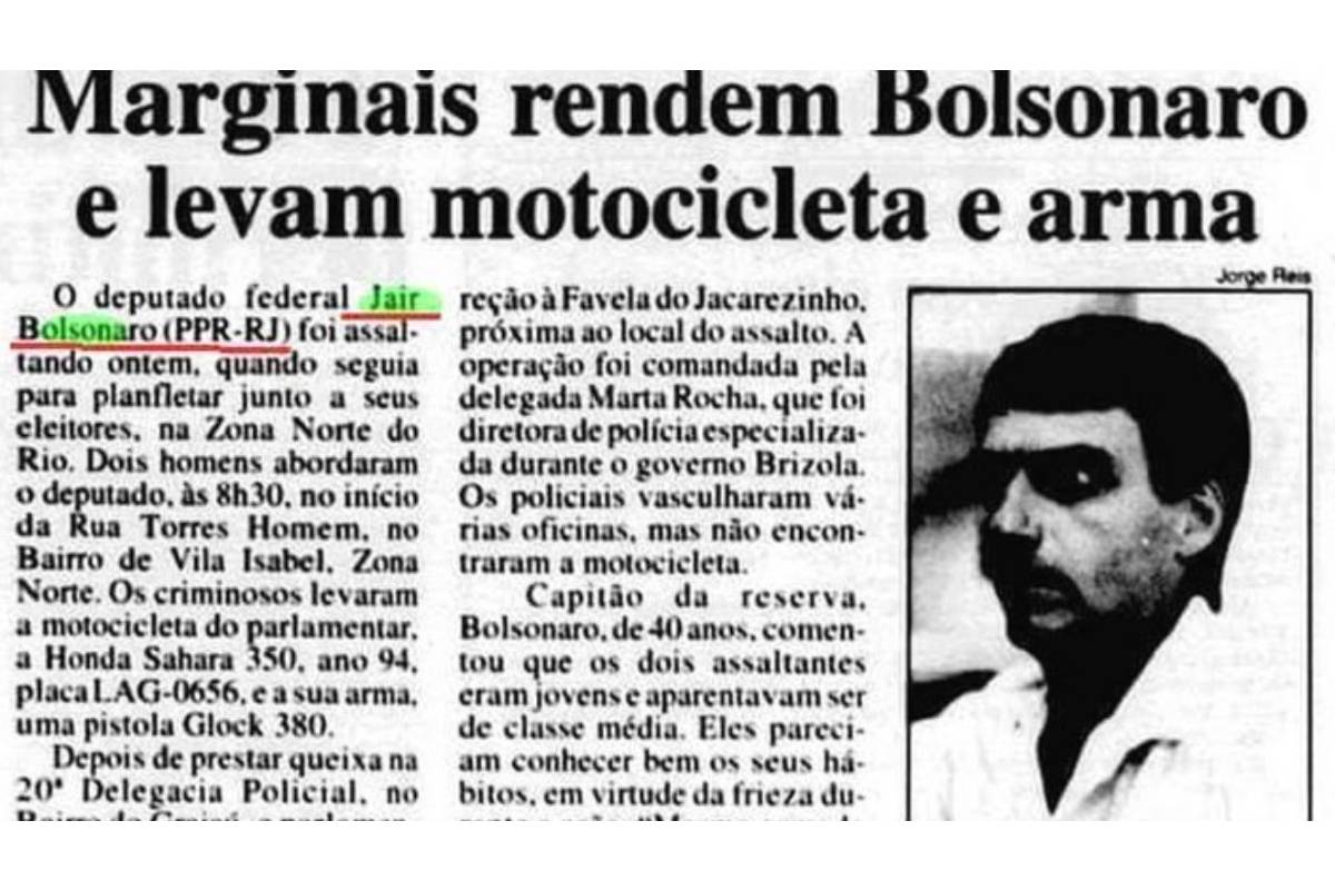 Em 1995, armado, bolsonaro foi assaltado e teve pistola e moto levada por marginais.