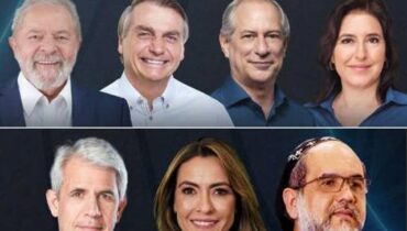 Imagem mostra os candidatos que devem participar do debate no SBT: Felipe d’Avila; Soraya Thronicke; Lula (caso compareça); Simone Tebet; Jair Bolsonaro; Ciro Gomes e Padre Kelmon.