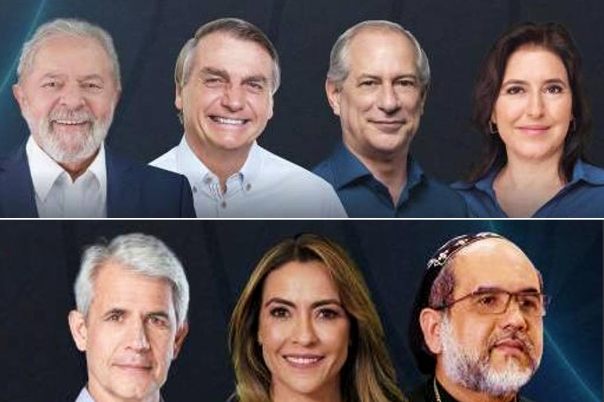 Imagem mostra os candidatos que devem participar do debate no SBT: Felipe d’Avila; Soraya Thronicke; Lula (caso compareça); Simone Tebet; Jair Bolsonaro; Ciro Gomes e Padre Kelmon.