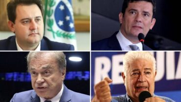 A imagem monstra alguns dos candidatos ao governo do Paraná e ao semado. São eles: Ratinho Jr, Roberto Requião, Alvaro dias e Sergio Moro