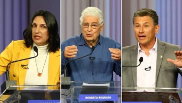 Imagem mostra Professora Angela (Psol), Roberto Requião (PT) e Rucardo Gomyde (PDT). Eles são os candidatos ao governo que participaram do debate da RPC.