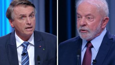 Imagem mostra Jair Bolsonado e Luiz Inácio Lula da Silva no debate do Jornal Nacional.