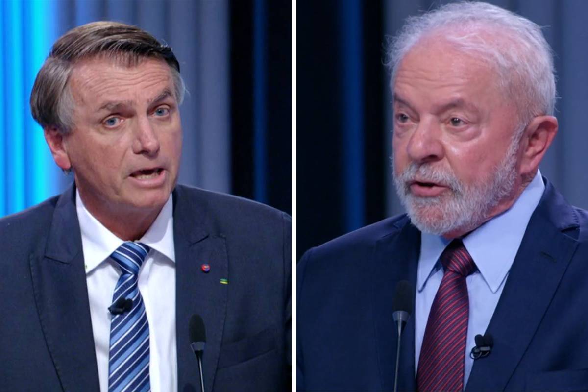 Imagem mostra Jair Bolsonado e Luiz Inácio Lula da Silva no debate do Jornal Nacional.