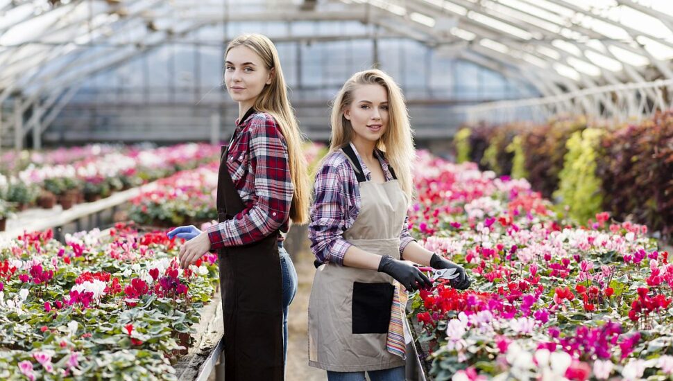 Duas mulheres em estufa com enorme variedade de flores