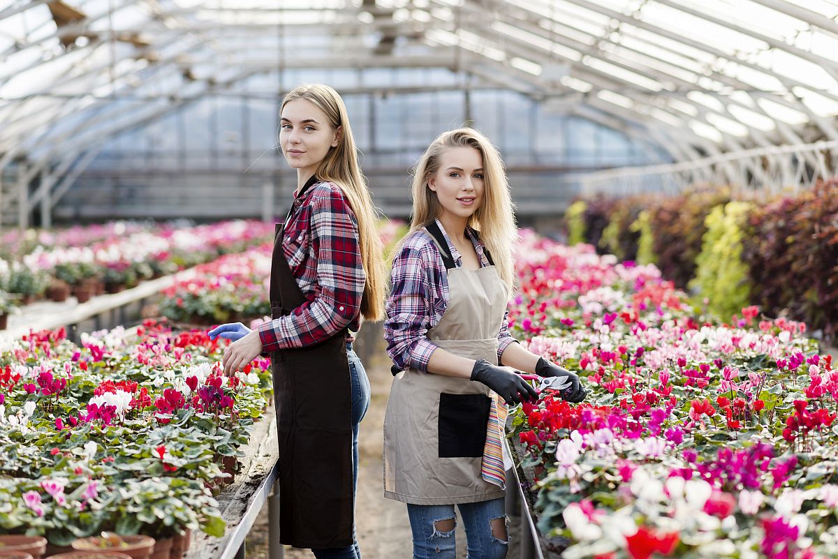 Duas mulheres em estufa com enorme variedade de flores