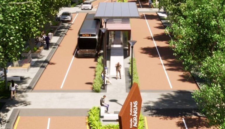 Imagem mostra uma projeção de como seriam as novas estações-tubo de Curitiba