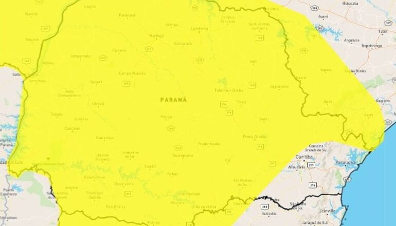Imagem mostra a projeção do Inmet para o alerta de temporal no Paraná.