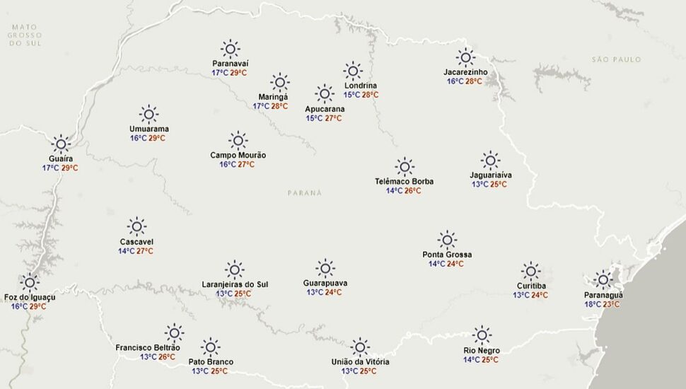 Mapa mostra as temperaturas para o Paraná