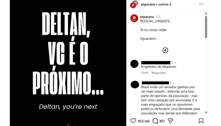PT do Paraná publica ameaça a Deltan Dallagnol: “Você é o próximo”