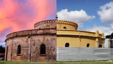 Imagem mostra uma montagem com o antes e o depois do Teatro Paiol, em Curitiba