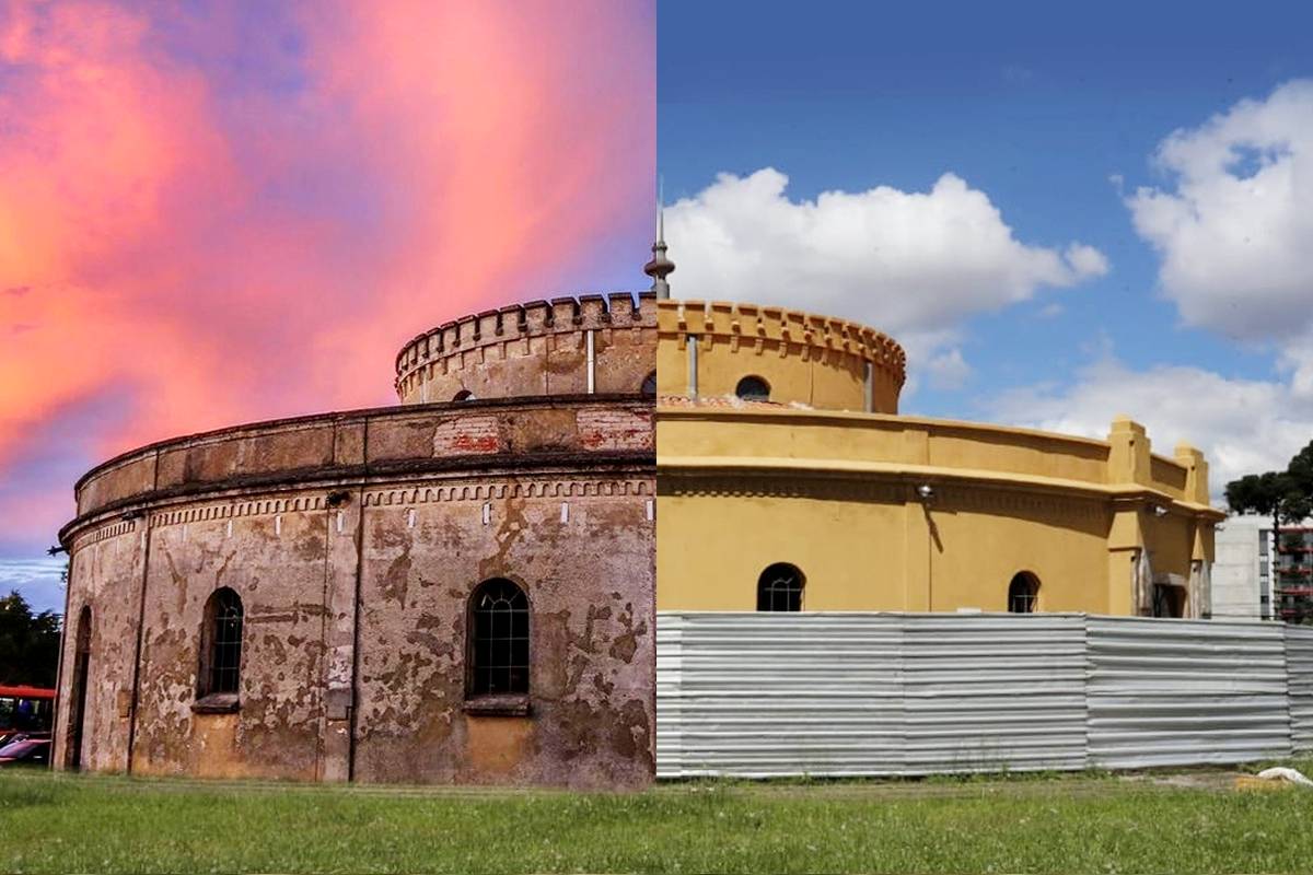 Imagem mostra uma montagem com o antes e o depois do Teatro Paiol, em Curitiba