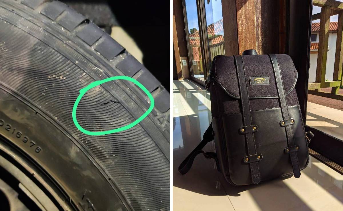 Pneu furado com uma faca e uma mala com os equipamentos roubados