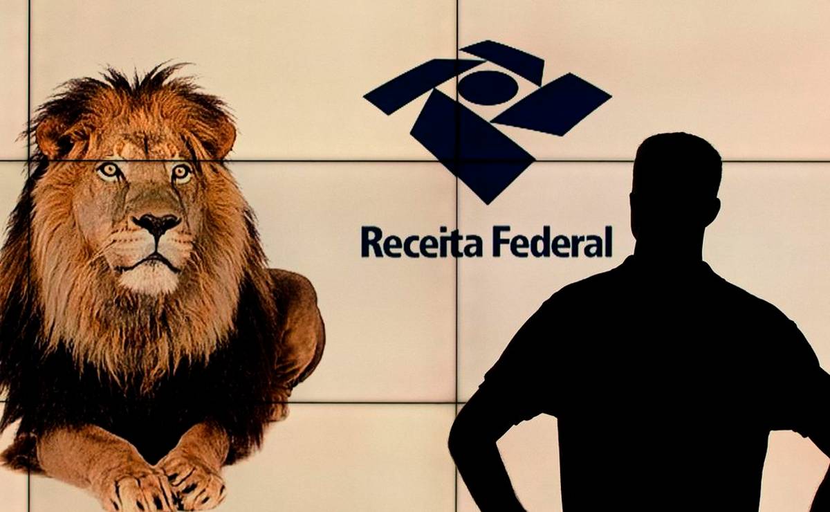 Leão do Imposto de renda encara contribuinte numa montagem