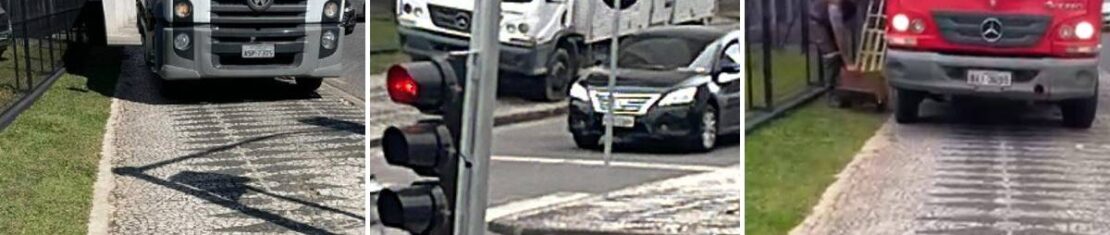 Flagras mostram caminhões diferentes utilizando a mesma "vaga" em cima da calçada de movimentada avenida de Curitiba.