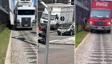 Flagras mostram caminhões diferentes utilizando a mesma "vaga" em cima da calçada de movimentada avenida de Curitiba.