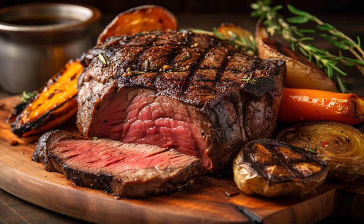 Imagem mostra uma peça de mignon cortada em uma tábua de madeira com vegetais ao lado.