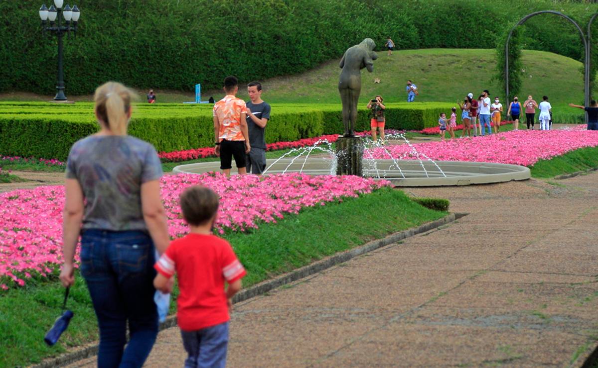imagem mostra o jardim botânico em Curitiba com flores na primavera.