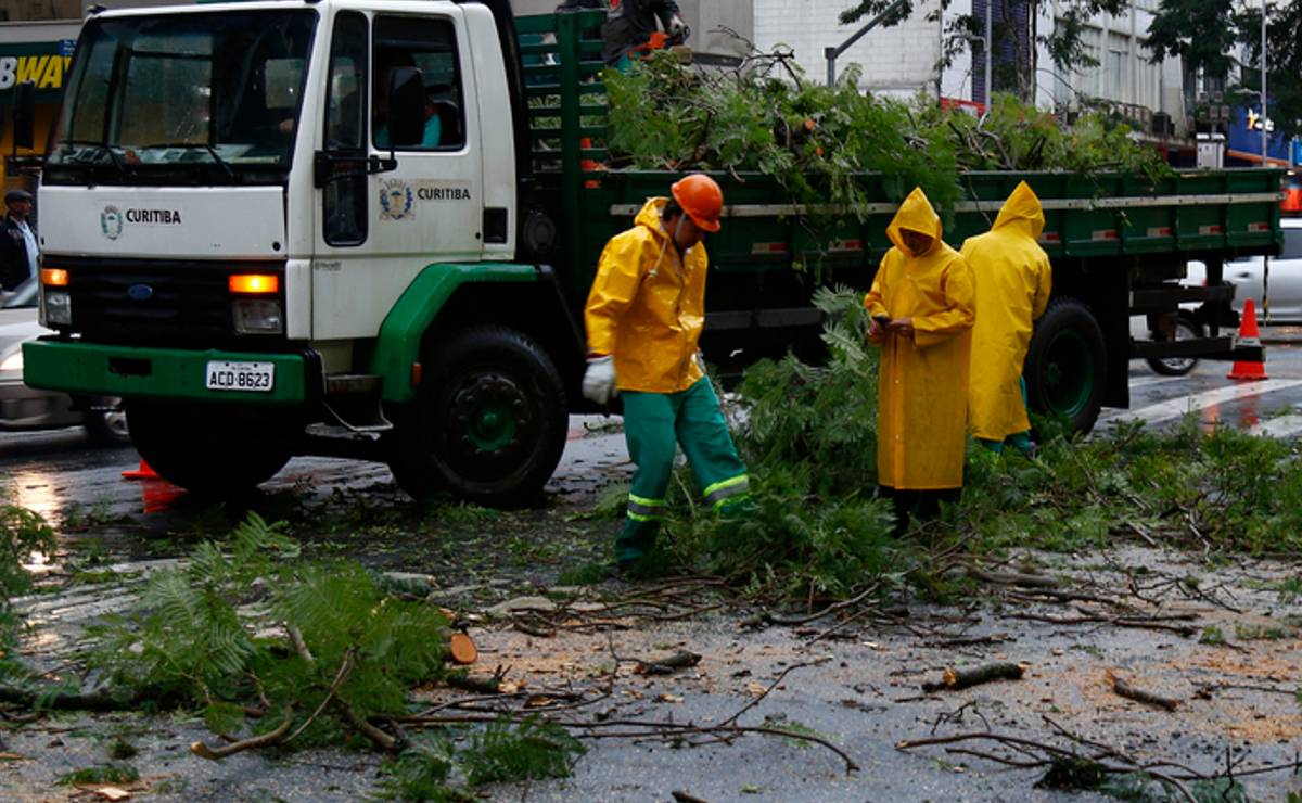 Imagem mostra uma equipe recolhendo árvores que caíram com o temporal. Tem um caminhão e trabalhadores com capas de chuva amarelas.
