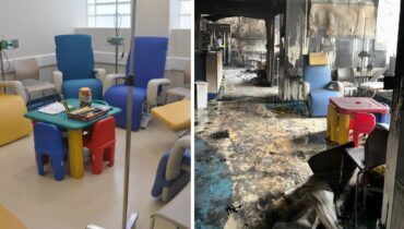 Imagem mostra o antes e depois do incêndio que devastou setores do Hospital Pequeno Príncipe.