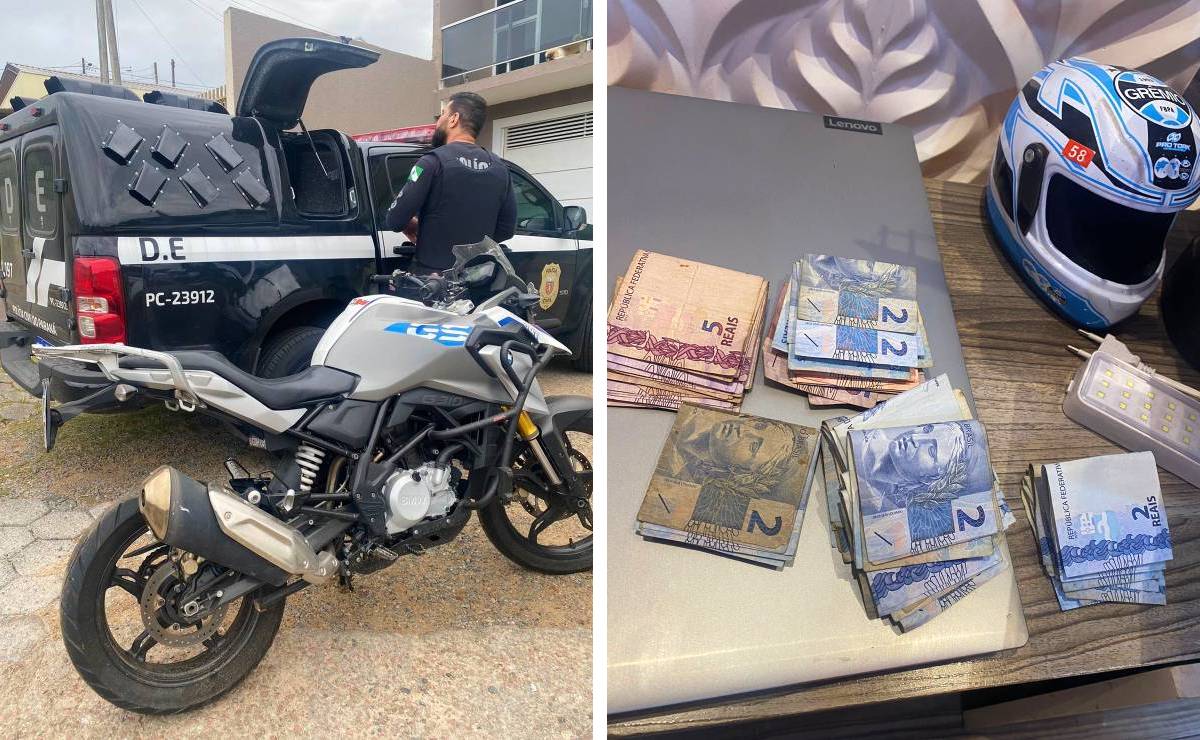 Imagem mostra dinheiro e uma moto de luxo apreendidos em Curitiba em operação contra o Jogo do Tigrinho