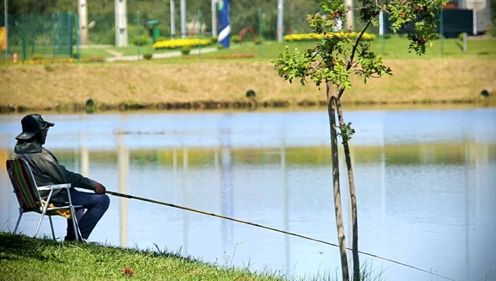 Imagem mostra um homem pescando em um parque de pinhais num dia de muito calor