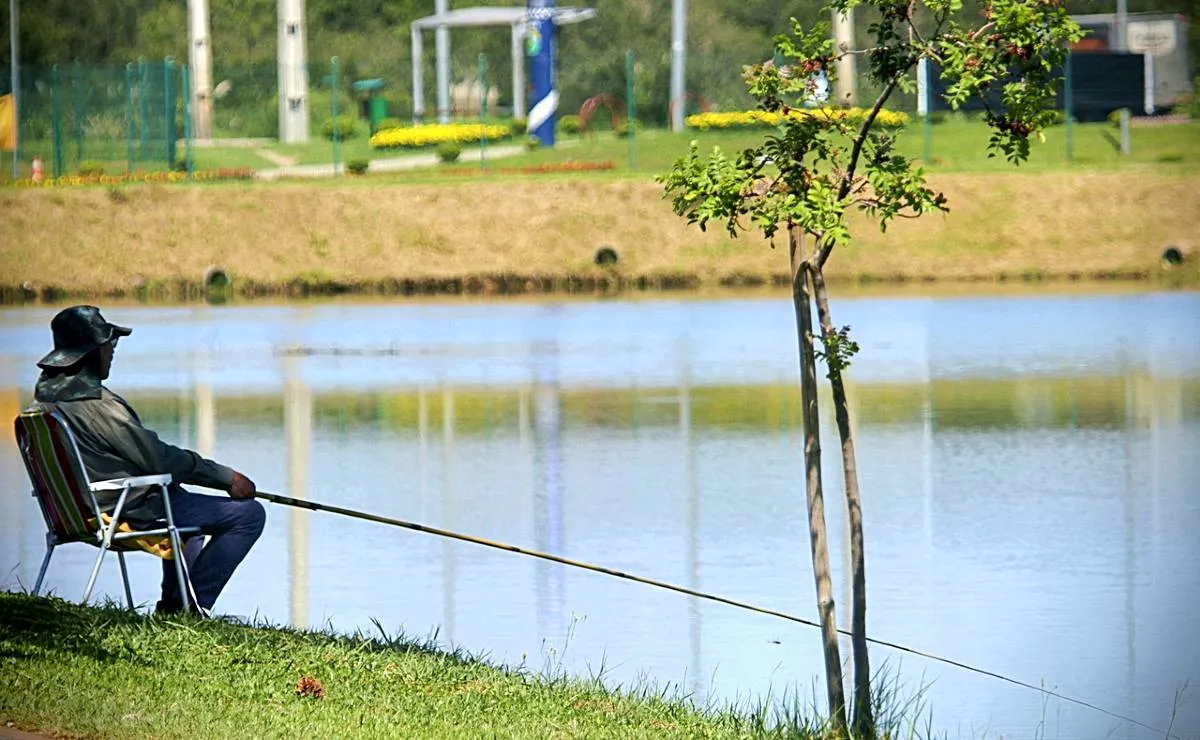 Imagem mostra um homem pescando em um parque de pinhais num dia de muito calor
