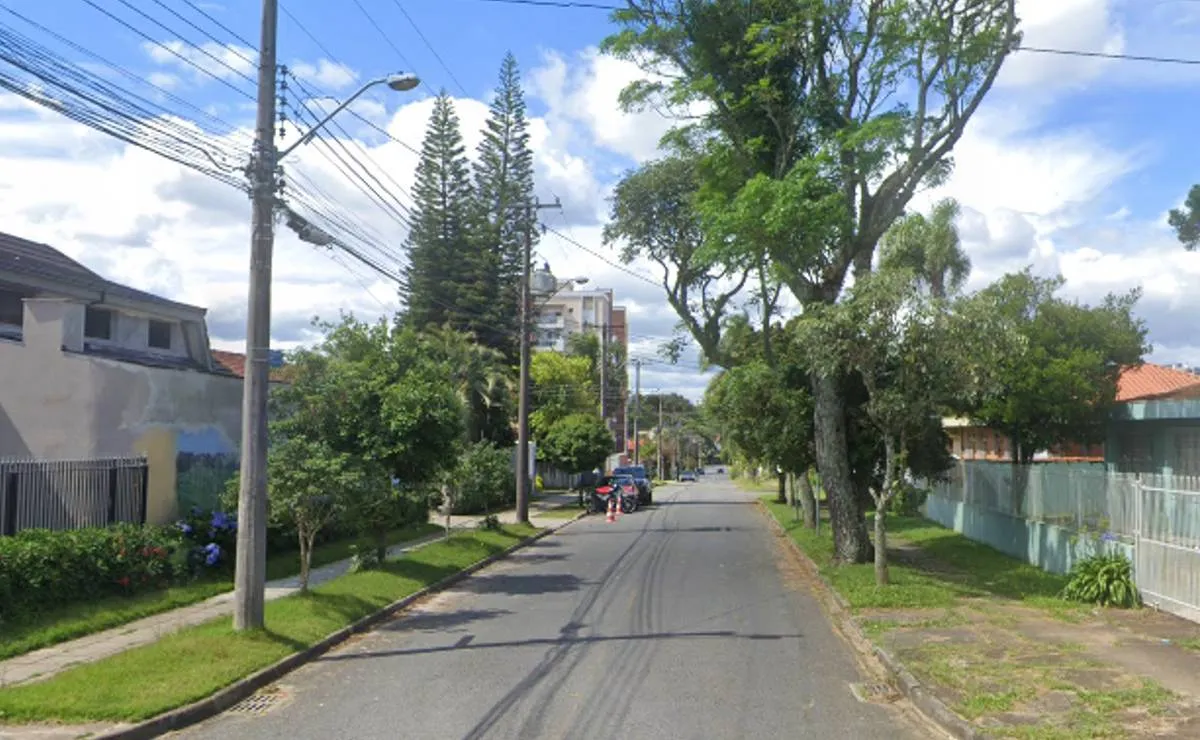 Imagem mostra uma rua arborizada de Curitiba, com uma casa verde, com um pinheiro ao fundo e mato na calçada.