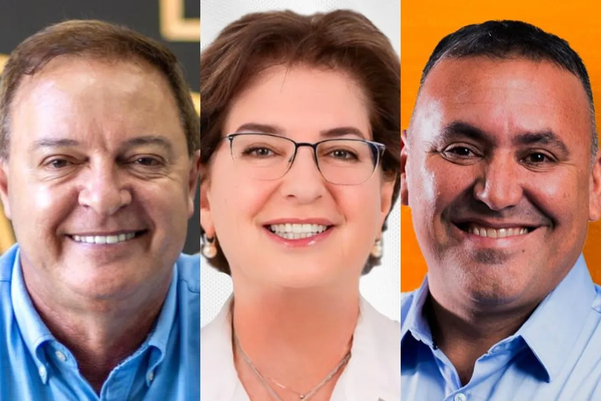 Na fotomontagem, destaque dos rostos de três dos candidatos a prefeito em Colombo, dois homens e uma mulher.