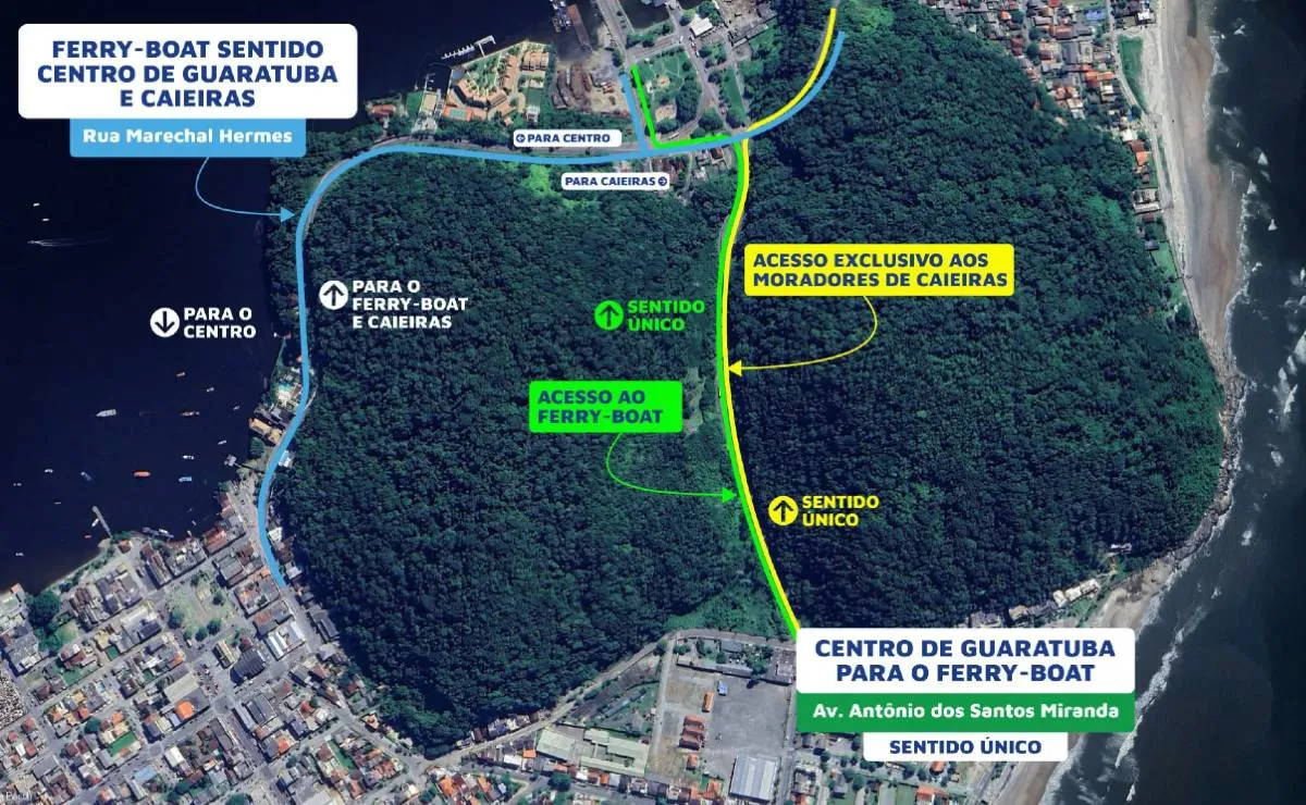 Imagem aérea mostra o desvio que motoristas terão que fazer no litoral. A Imagem tem um trajeto em amarelo e outro em azul.