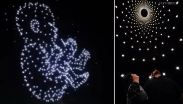 Imagem de 600 drones colorindo o céu, formando a silhueta de um bebê.