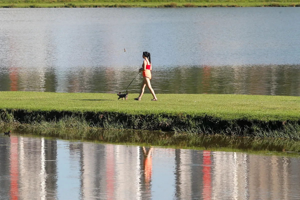 Imagem mostra pessoa caminhando no Parque Barigui, em Curitiba, em dia quente