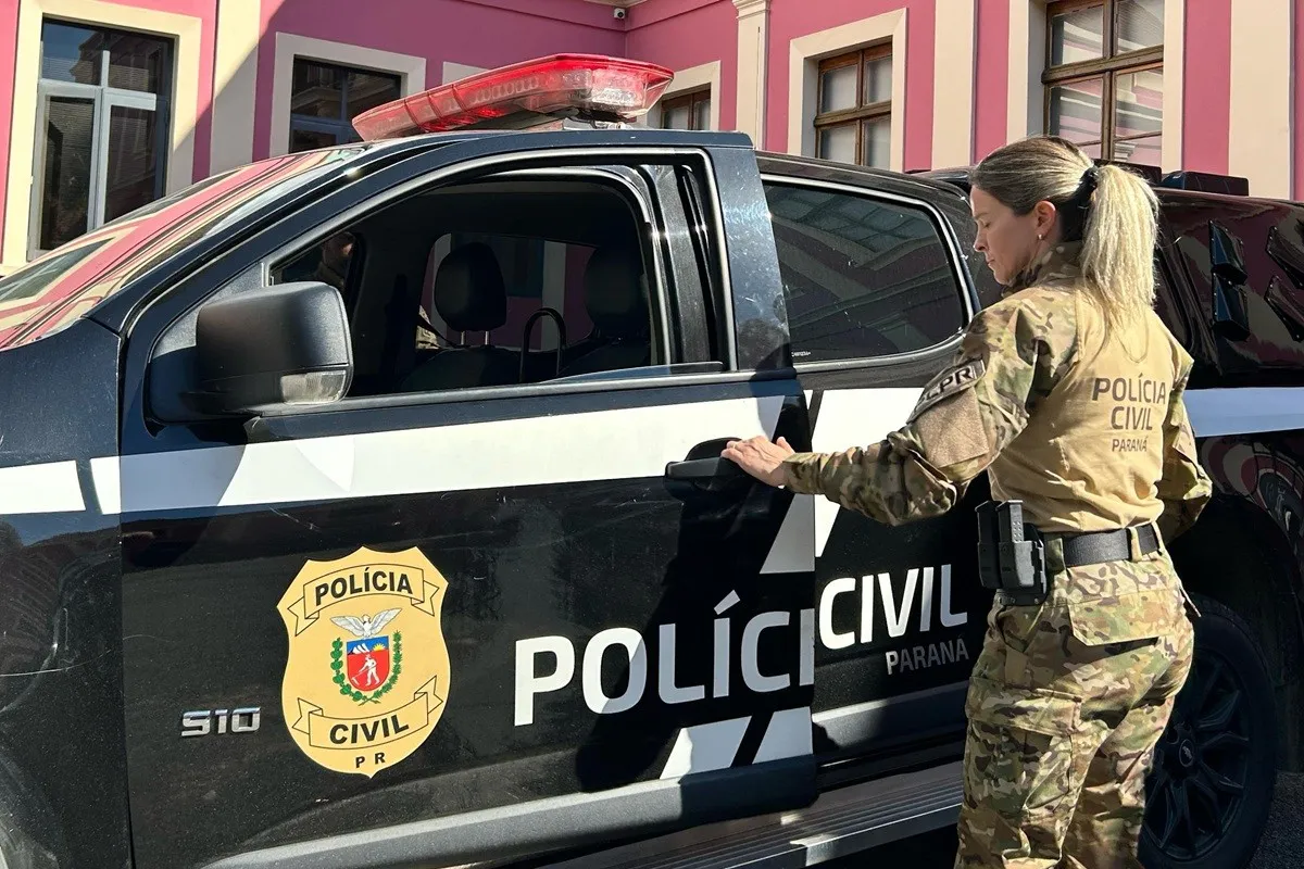 Imagem mostra policial civil entrando em viatura