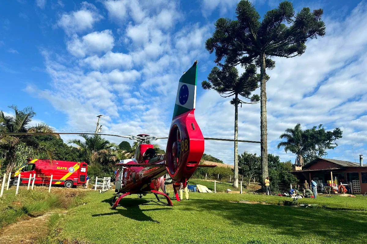 Imagem mostra um helicóptero vermelho ao lado de uma árvore araucária. O céu está azul com poucas nuvens.