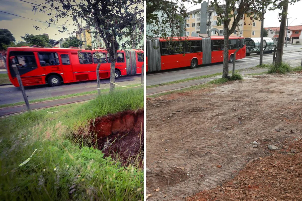 Antes e depois mostra como era e como ficou a cratera ao lado da linha do trem.