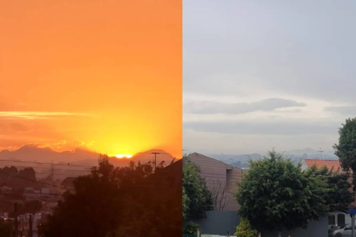 Imagem mostra a diferença do tempo em Curitiba em poucas horas. Imagem da esquerda mostra o nascer do sol. E horas depois, o tempo fechado e com chuva em Curitiba