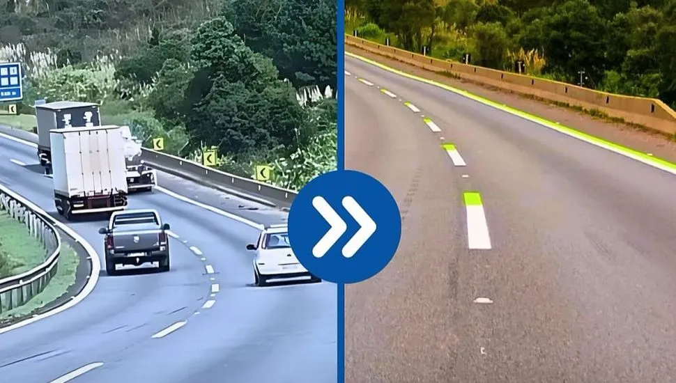 Imagem mostra duas fotos, lado a lado, mostrando a rodovia antes da pintura e depois da pintura nova