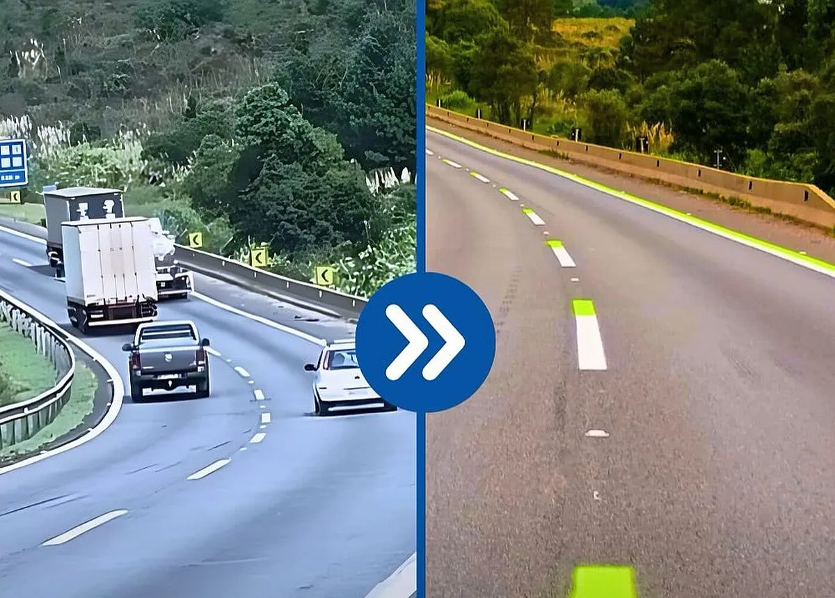 Imagem mostra duas fotos, lado a lado, mostrando a rodovia antes da pintura e depois da pintura nova