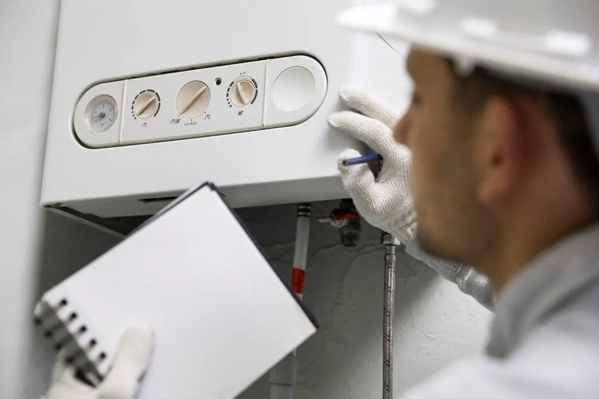 Imagem mostra um técnico de manutenção arrumando um aquecedor a gás. Ele está de luva, capacete e uma prancheta na mão.