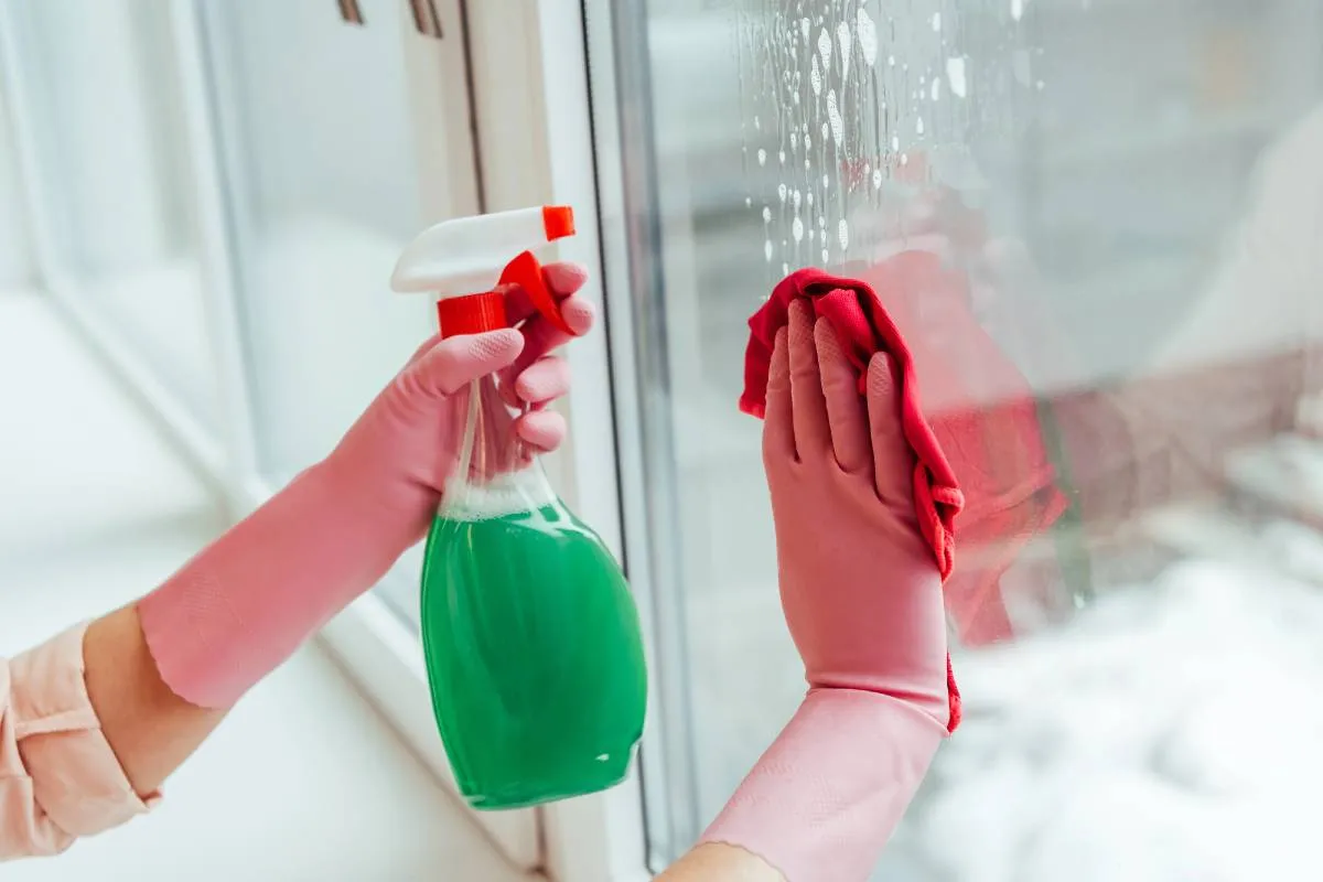 Imagem mostra uma pessoa limpando um vidro com um pano vermelho e um borrifador com um líquido verde.