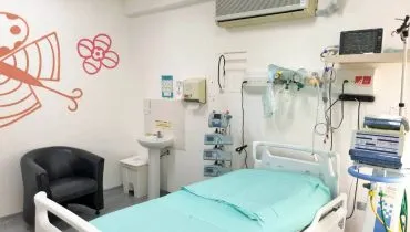 Imagem mostra um leito de UTI com cama com lençol verde,, equipamentos de emergência e uma pia ao fundo.