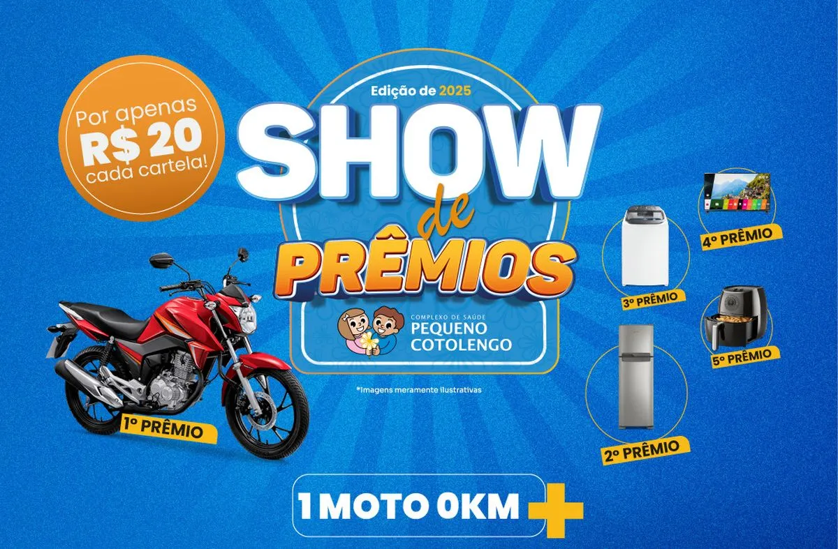 Imagem é uma arte que mostra os premios qe serão sorteados no bingo, com imagens e descrições dos itens